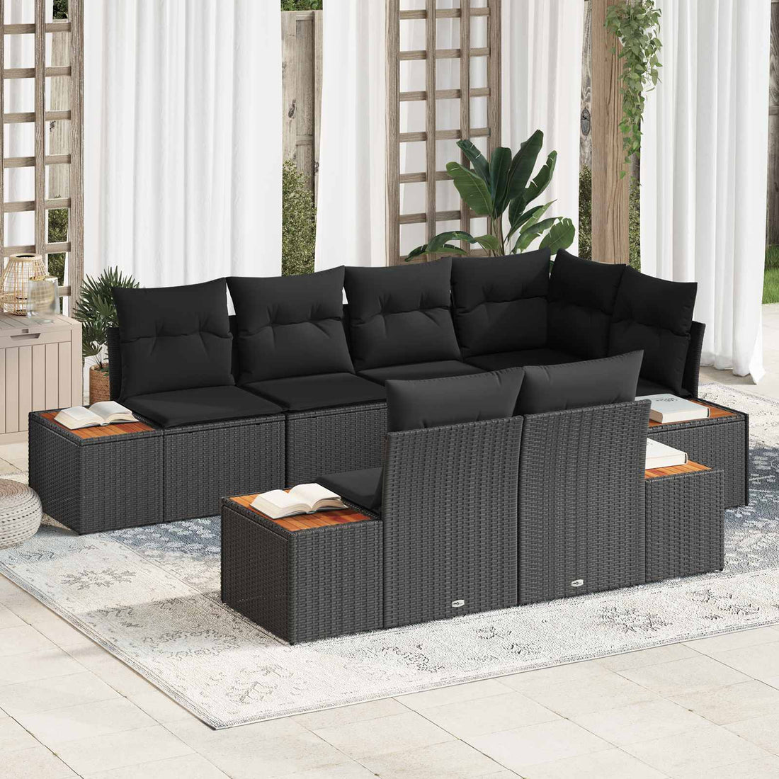 vidaXL Conjunto de sofás de jardín 7 uds. 7-Número de plazas Negro