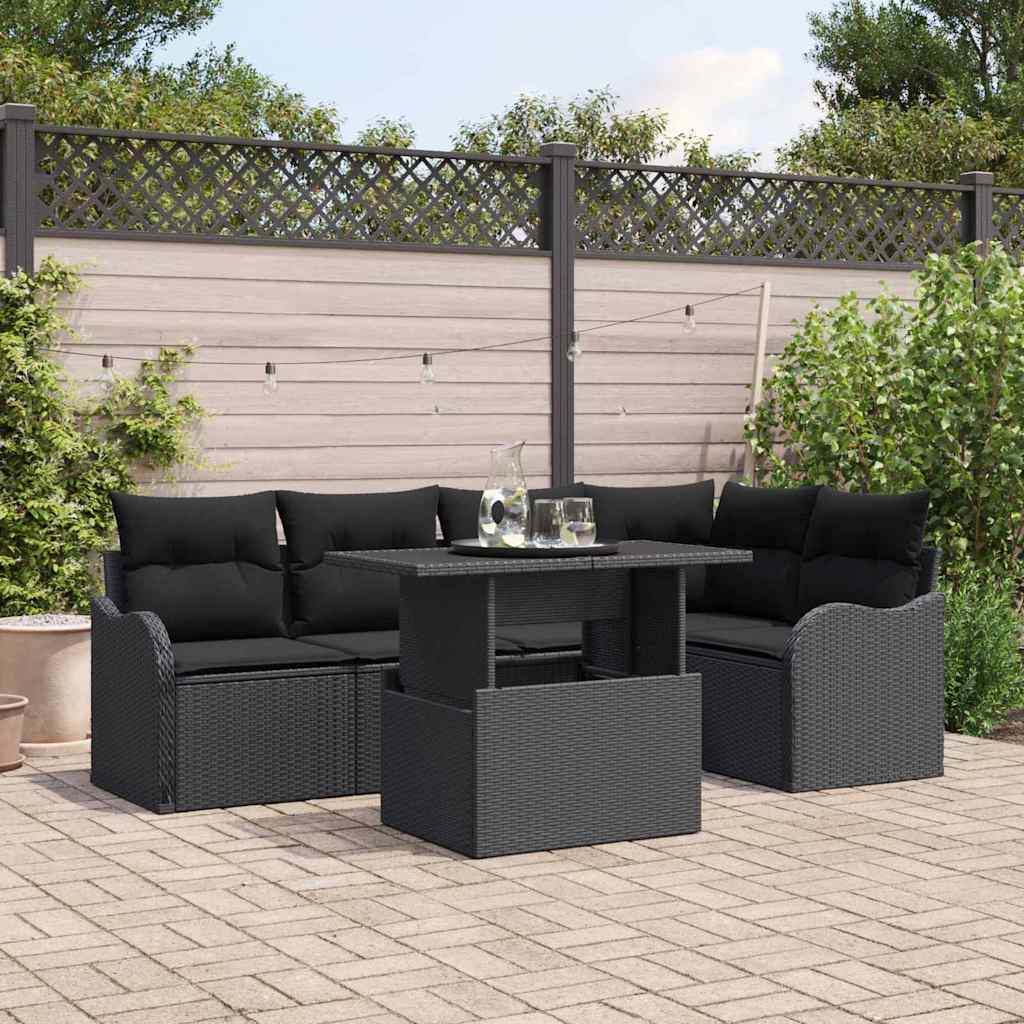 vidaXL Conjunto de sofá de jardín 6 uds. Negro Rattan de Poliéster