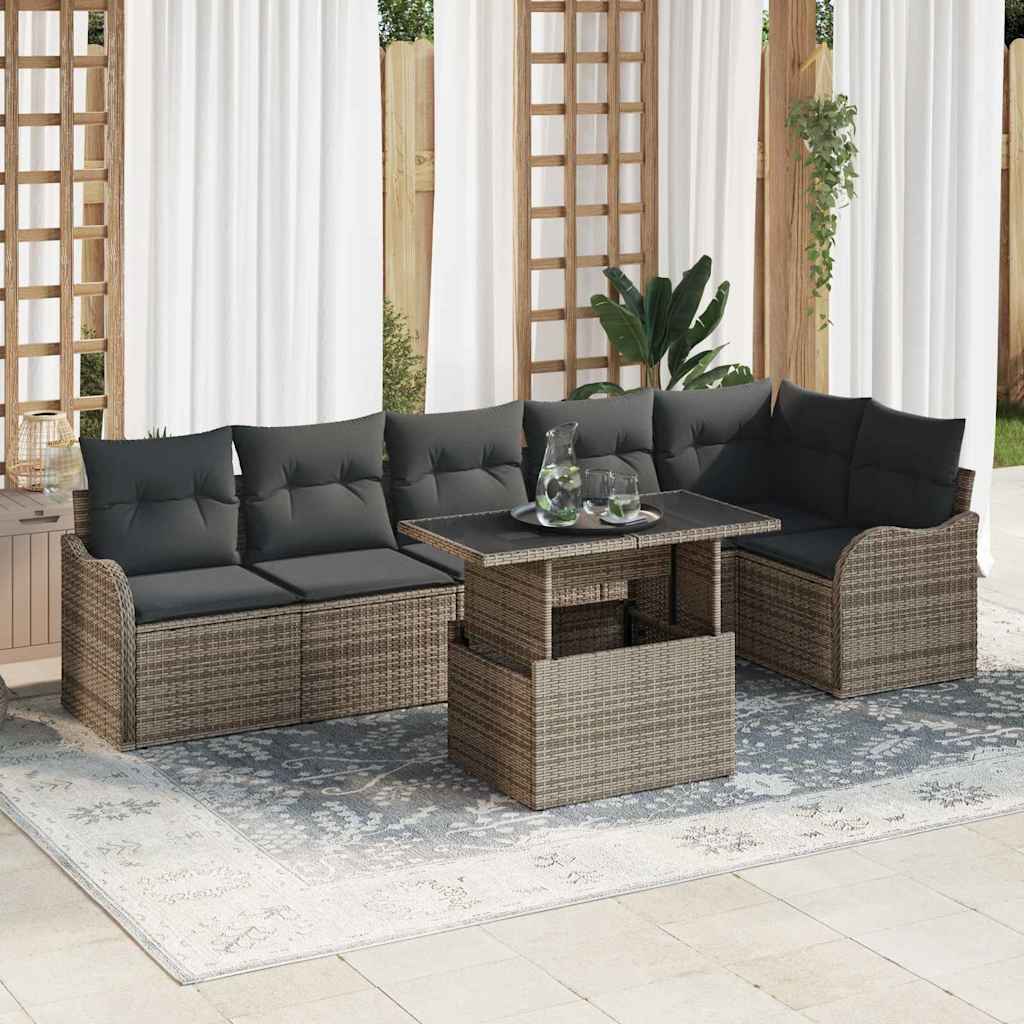 vidaXL Conjunto de sofá de jardín 7 uds. Gris Rattan de Poliéster