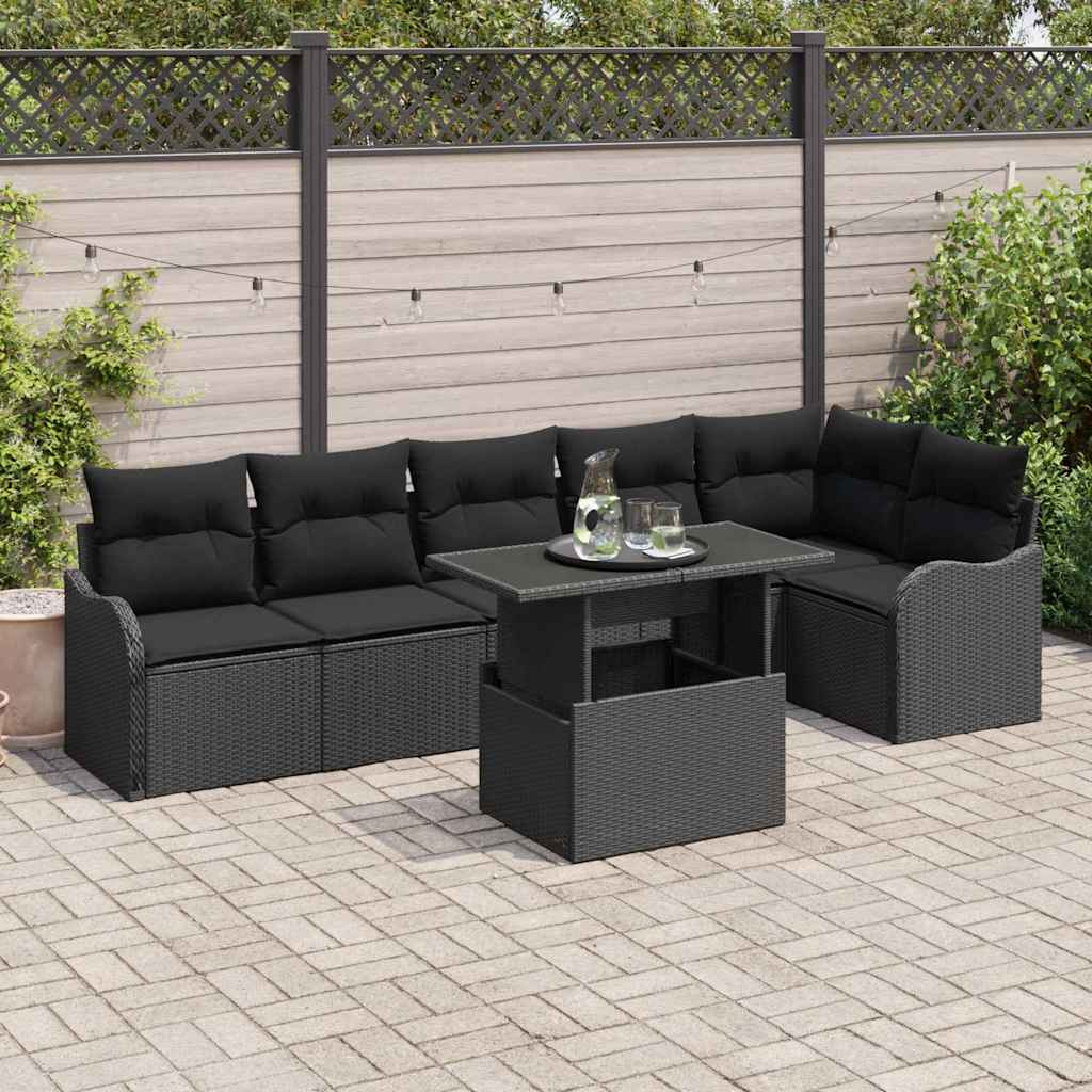 vidaXL Conjunto de sofá de jardín 7 uds. Negro Rattan de Poliéster