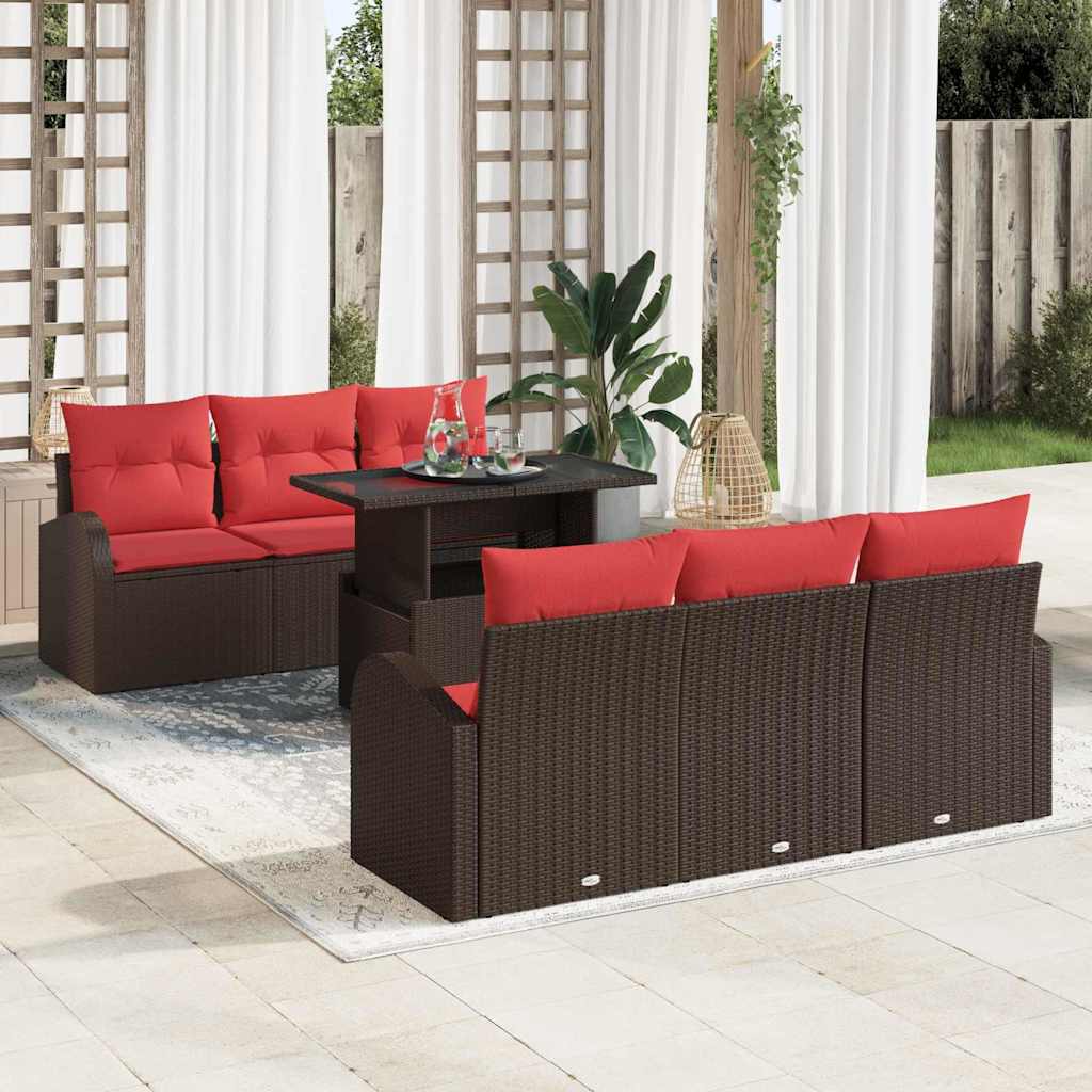 vidaXL Conjunto de sofá de jardín 7 uds. Marrón Rattan de Poliéster