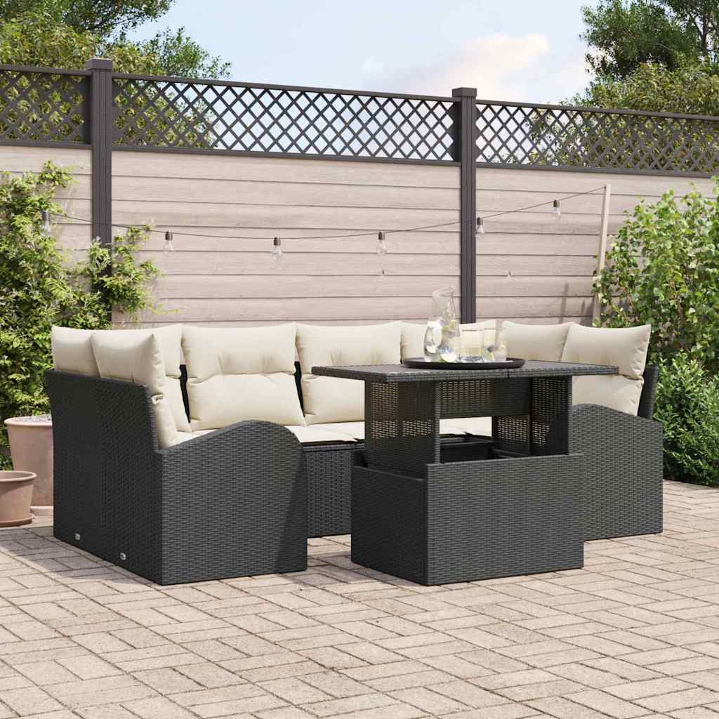 vidaXL Conjunto de sofá de jardín 7 uds. Negro Rattan de Poliéster
