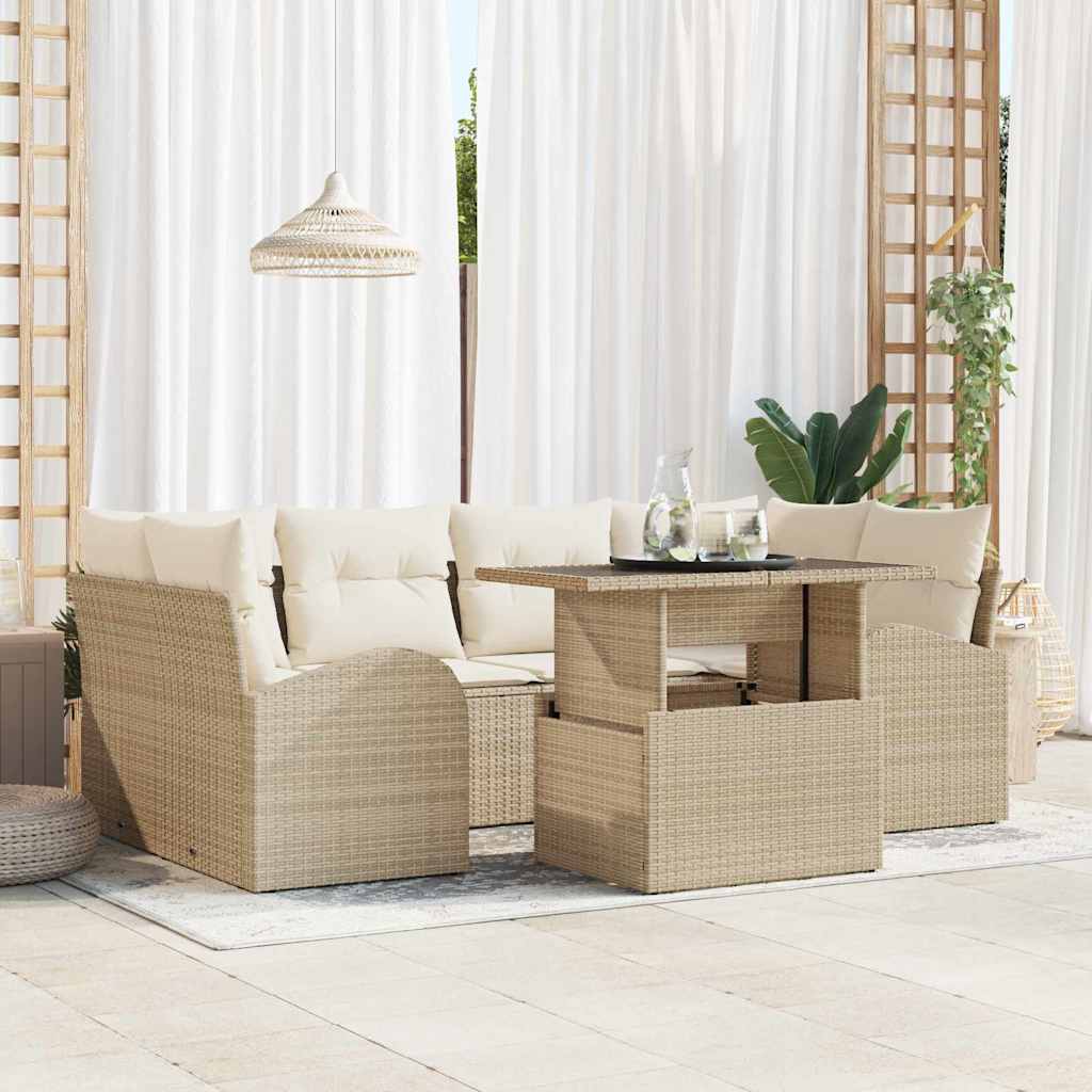 vidaXL Conjunto de sofá de jardín 7 uds. Beige Rattan de Poliéster