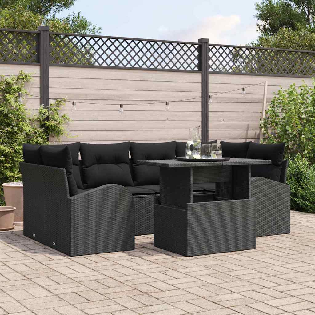 vidaXL Conjunto de sofá de jardín 7 uds. Negro Rattan de Poliéster