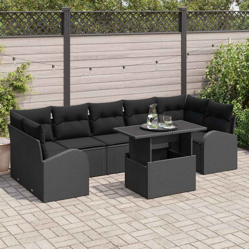 vidaXL Conjunto de sofá de jardín 8 uds. Negro Rattan de Poliéster