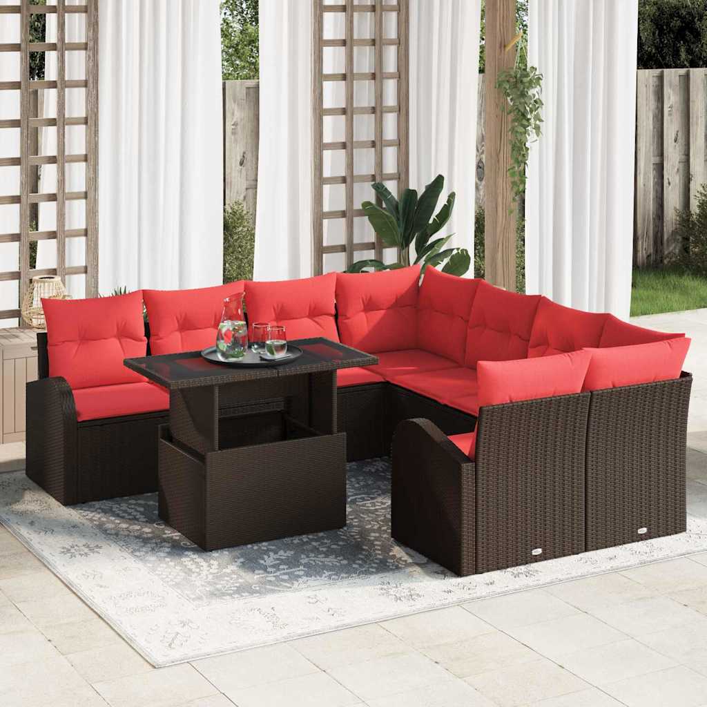 vidaXL Conjunto de sofá de jardín 9 uds. Marrón Rattan de Poliéster