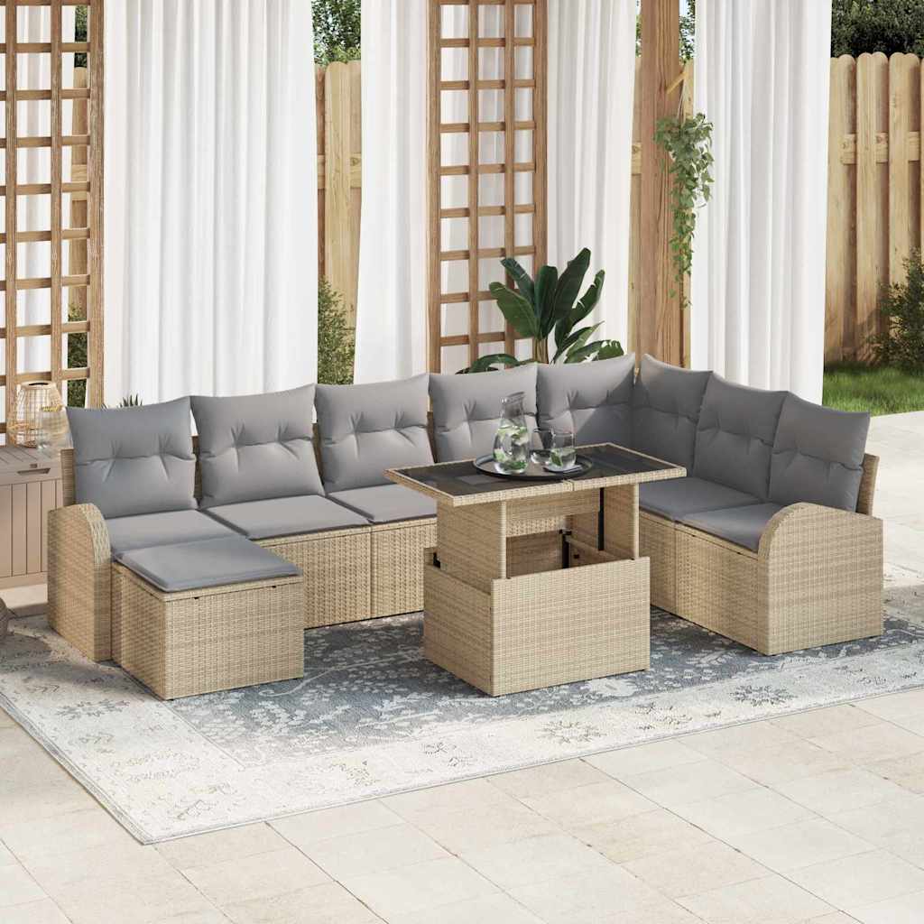 vidaXL Conjunto de sofá de jardín 9 uds. Beige Poliratán