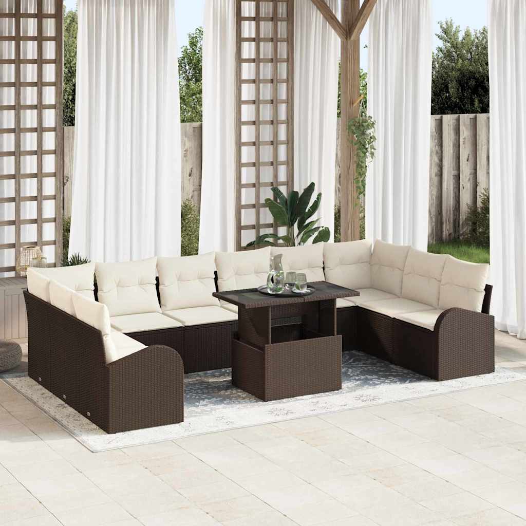 vidaXL Conjunto de sofá de jardín 11 uds. Marrón Poliratán