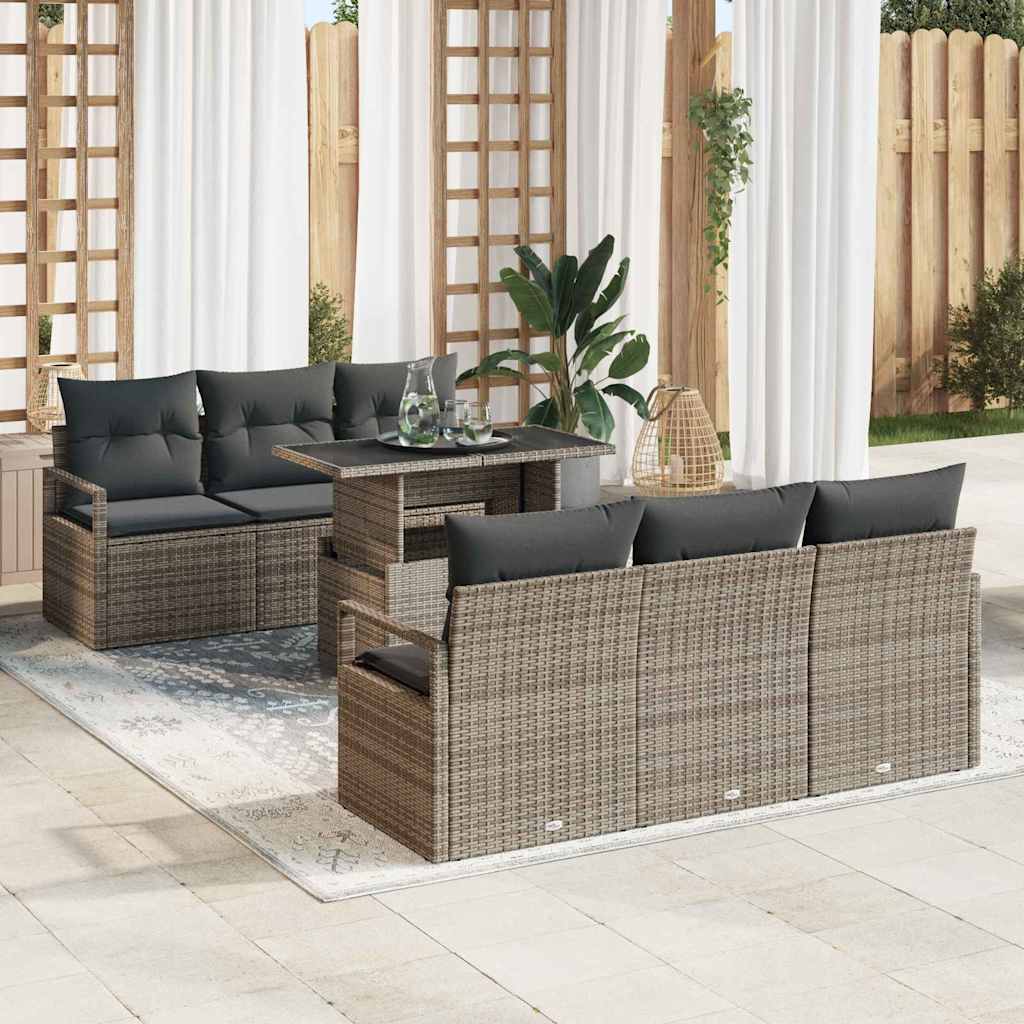 vidaXL Conjunto de sofá de jardín 7 uds. Gris Poliratán