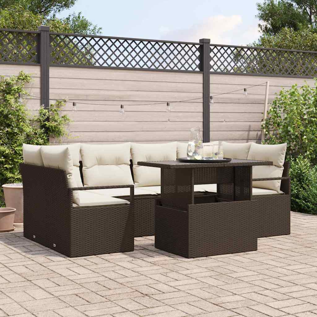 vidaXL Conjunto de sofá de jardín 7 uds. Marrón Poliratán