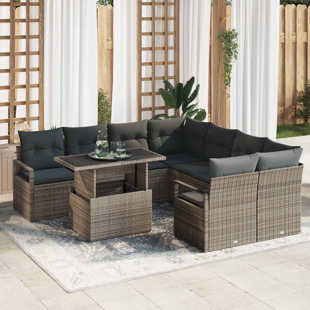vidaXL Conjunto de sofá de jardín 9 uds. Gris Poliratán