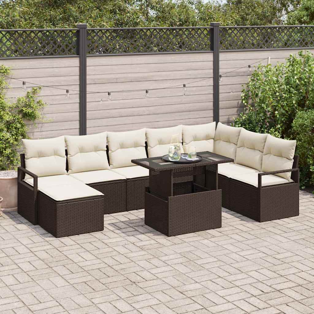 vidaXL Conjunto de sofá de jardín 9 uds. Marrón Poliratán