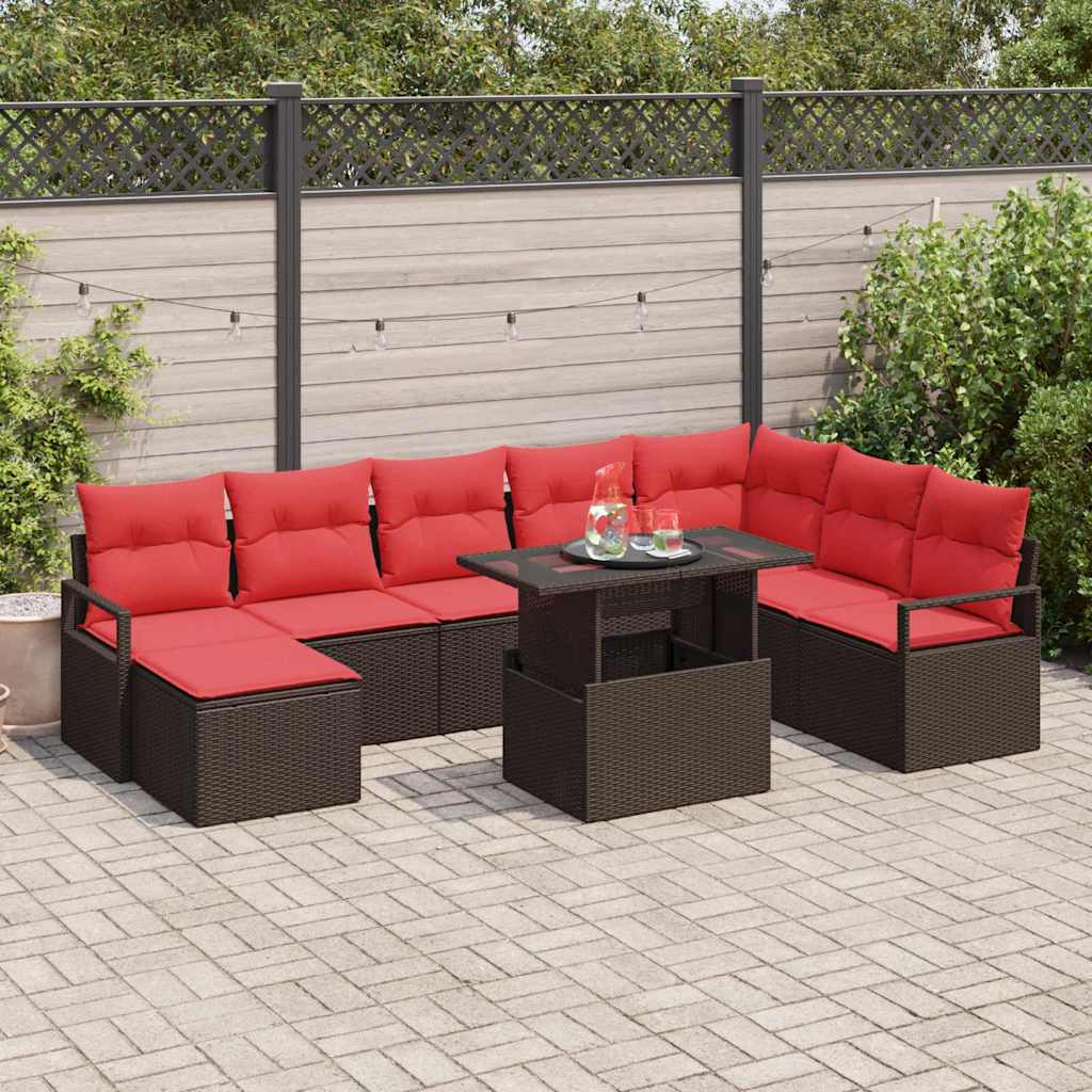 vidaXL Conjunto de sofá de jardín 9 uds. Marrón Poliratán