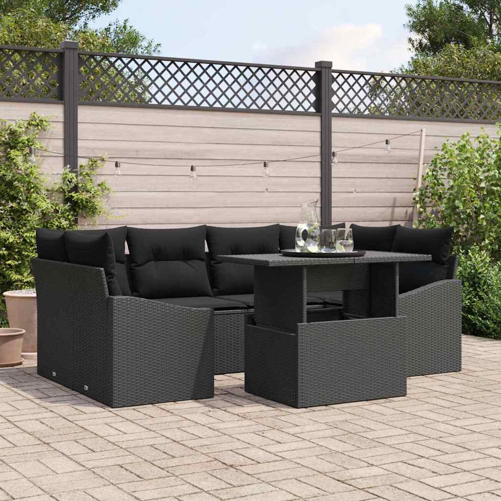 vidaXL Conjunto de sofá de jardín 7 uds. Negro ratán sintético