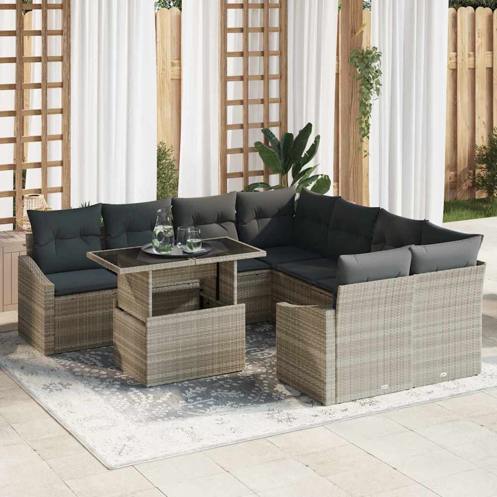 vidaXL Conjunto de sofá de jardín 9 uds. Gris Claro ratán sintético