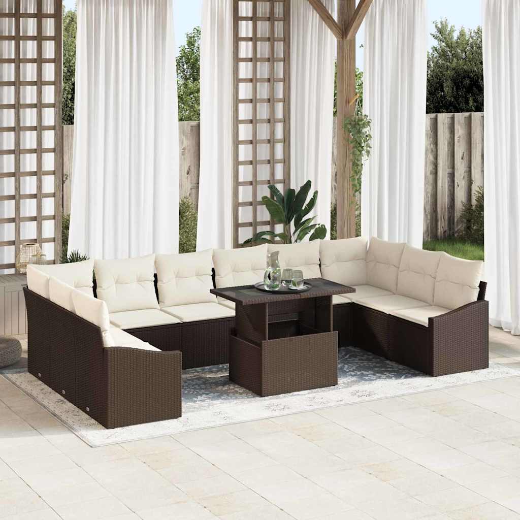 vidaXL Conjunto de sofá de jardín 11 uds. Marrón y crema