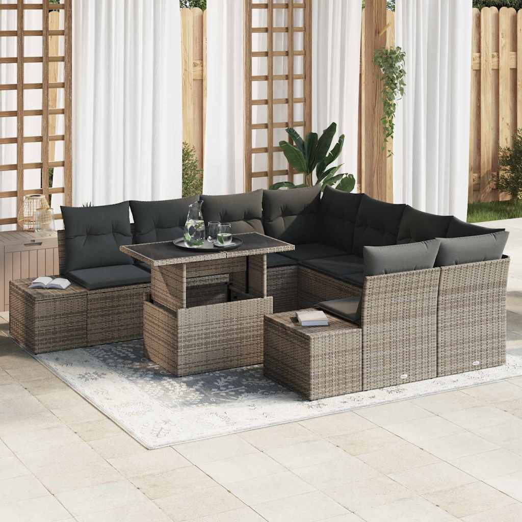 vidaXL Conjunto de sofá de jardín 9 uds. Gris ratán sintético