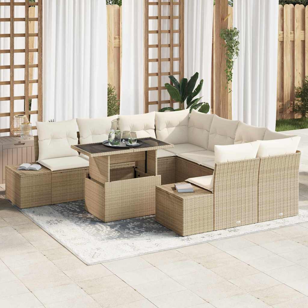 vidaXL Conjunto de sofá de jardín 9 uds. Beige y Crema ratán sintético