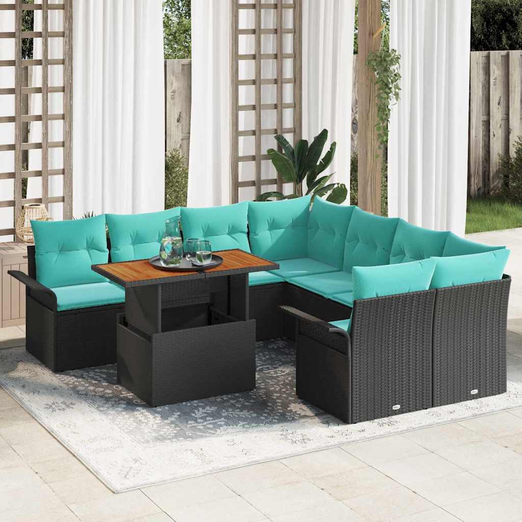 vidaXL Conjunto de sofá de jardín 9 uds. Negro Poliratán