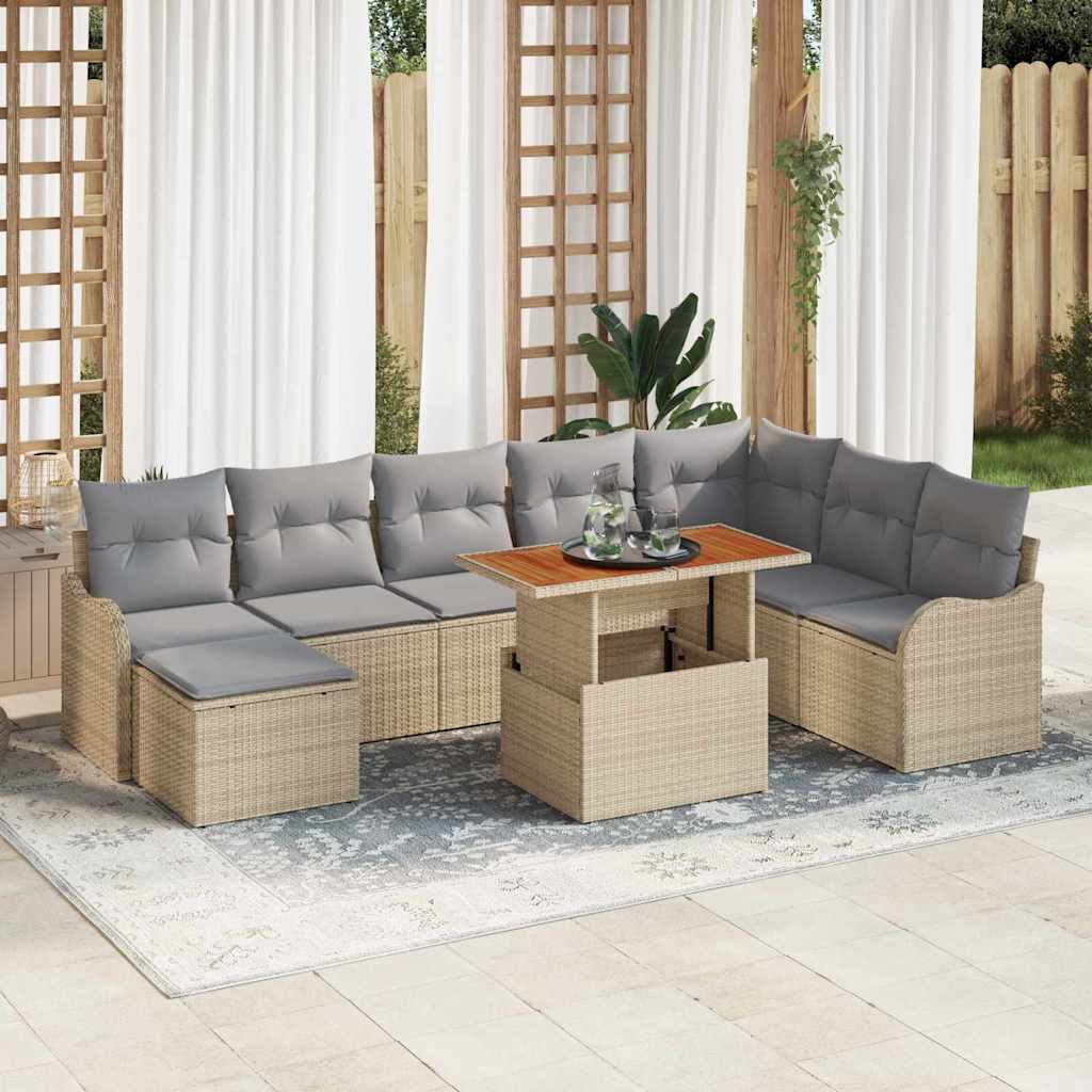 vidaXL Conjunto de sofá de jardín 9 uds. Beige Poliratán