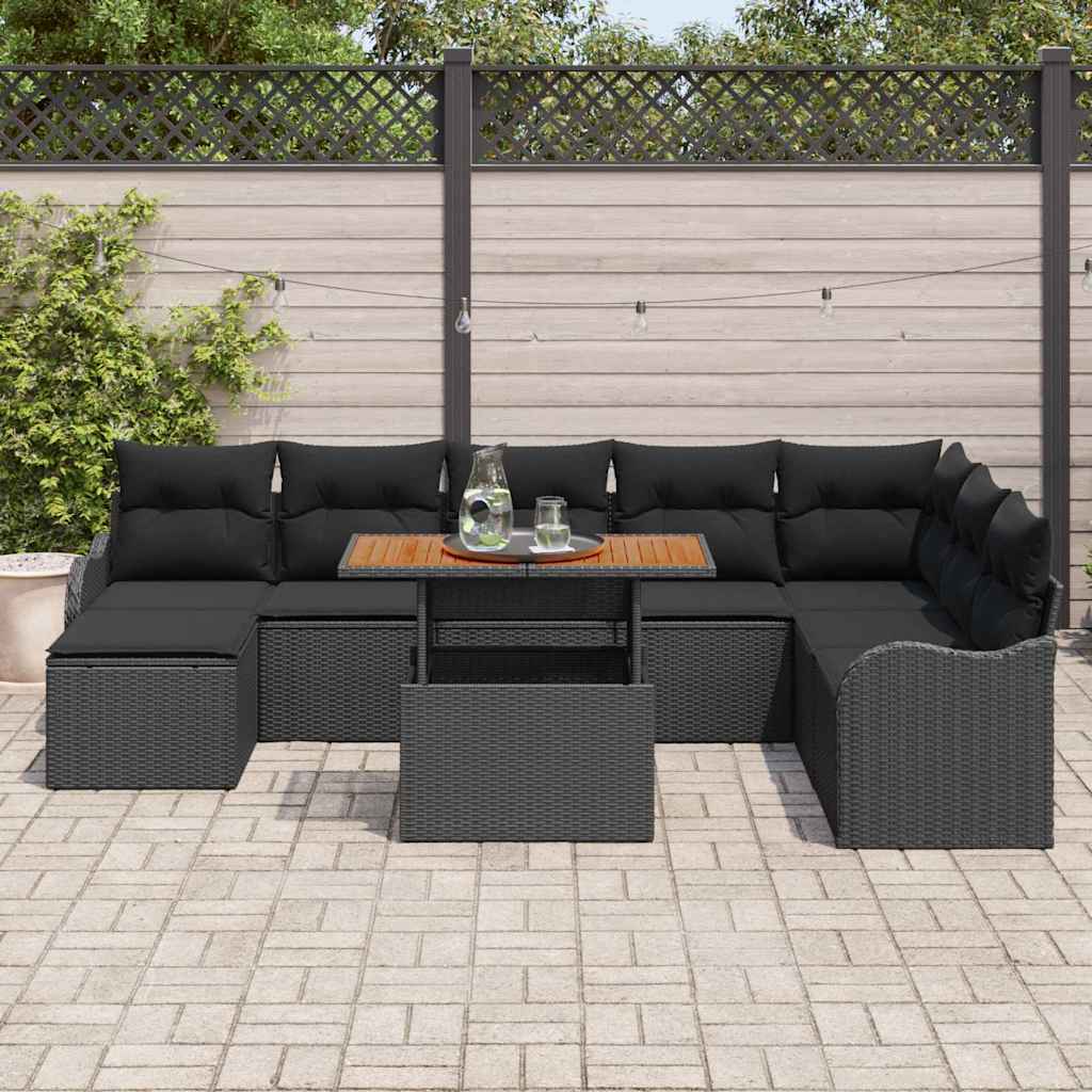 vidaXL Conjunto de sofá de jardín 9 uds. Negro Poliratán