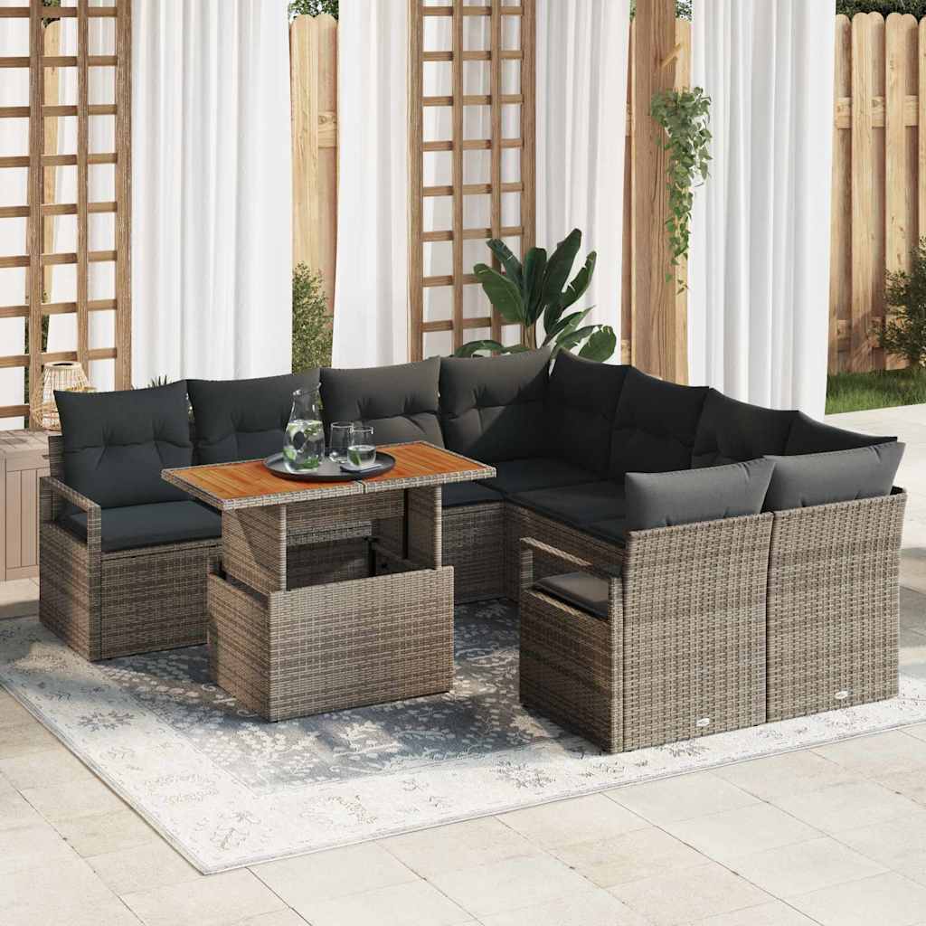 vidaXL Conjunto de sofá de jardín 9 uds. Gris Poliratán