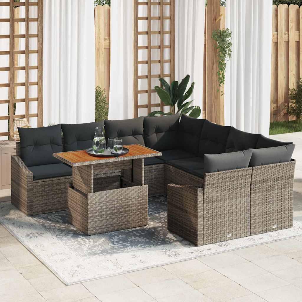 vidaXL Conjunto de sofá de jardín 9 uds. Gris Poliratán