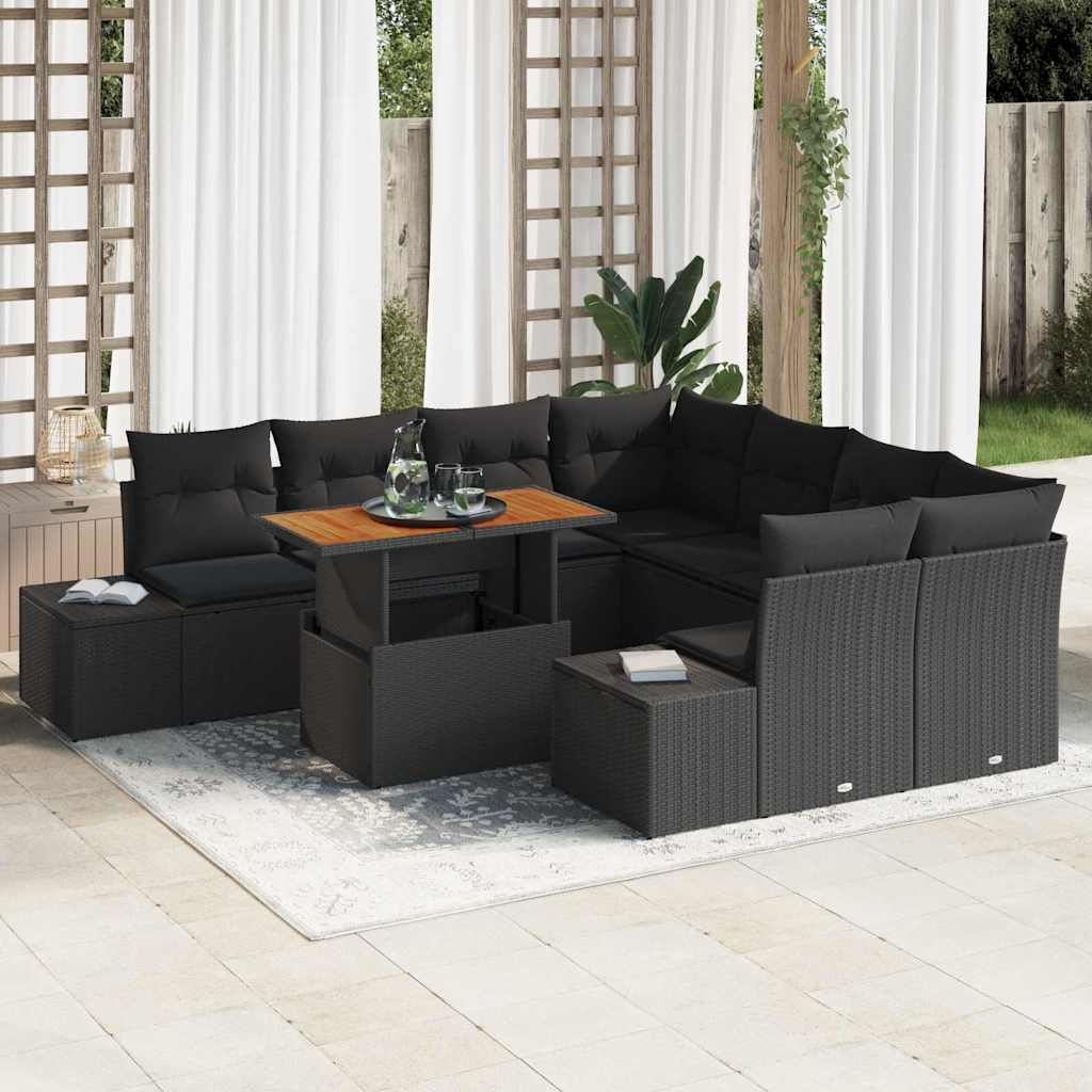 vidaXL Conjunto de sofá de jardín 9 uds. Negro Poliratán