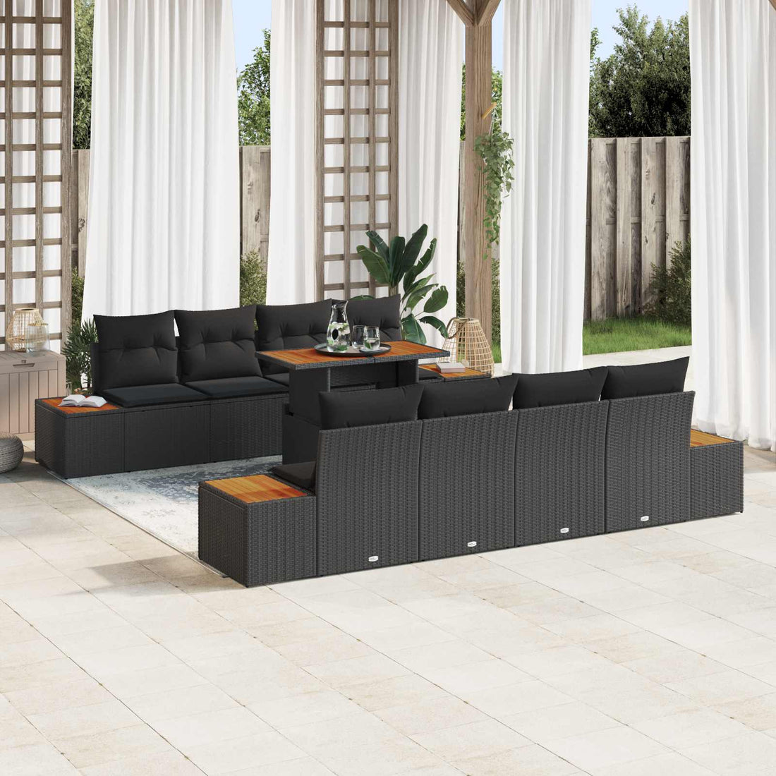 vidaXL Conjunto de sofá de jardín 9 uds. Negro Poliratán