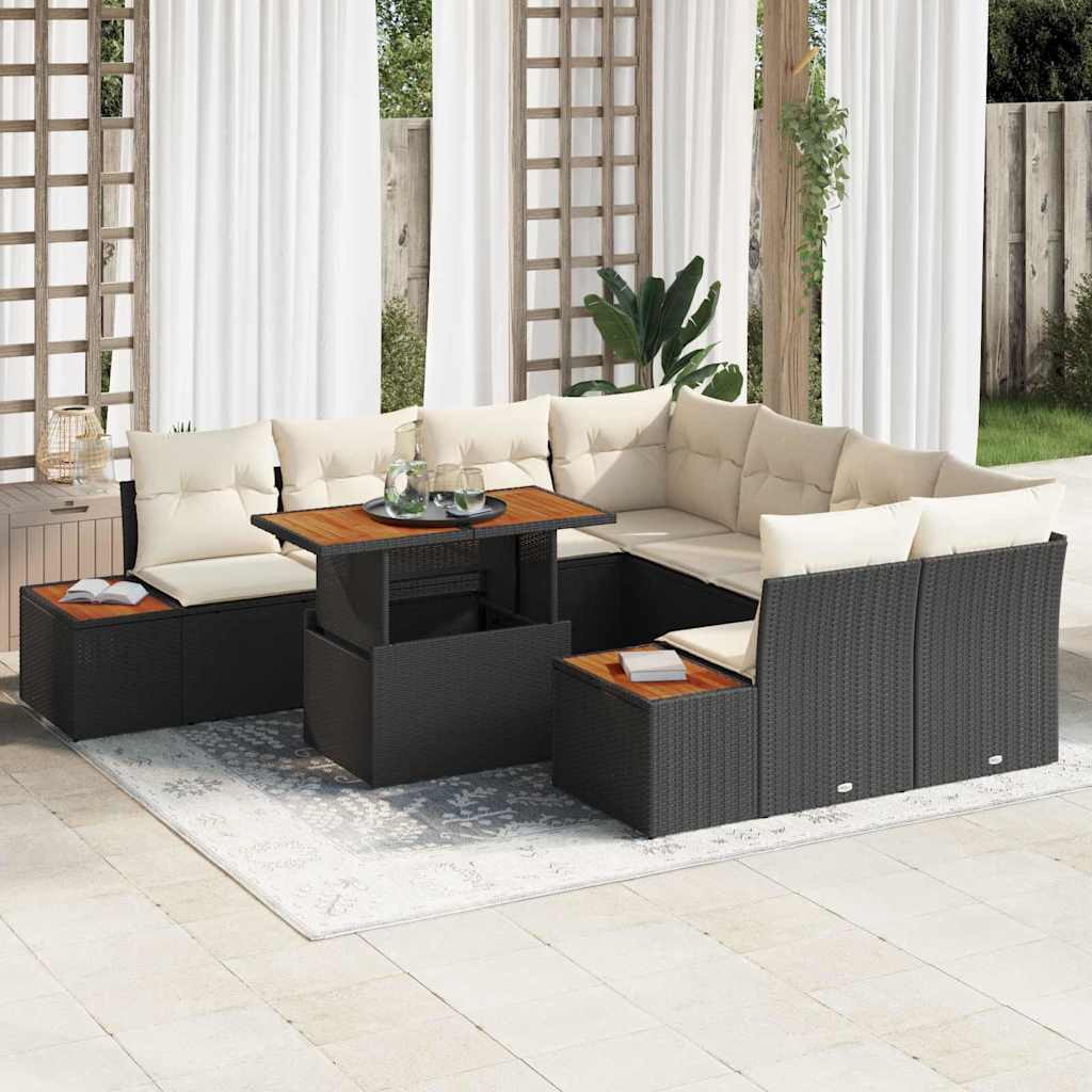 vidaXL Conjunto de sofá de jardín 9 uds. Negro Poliratán