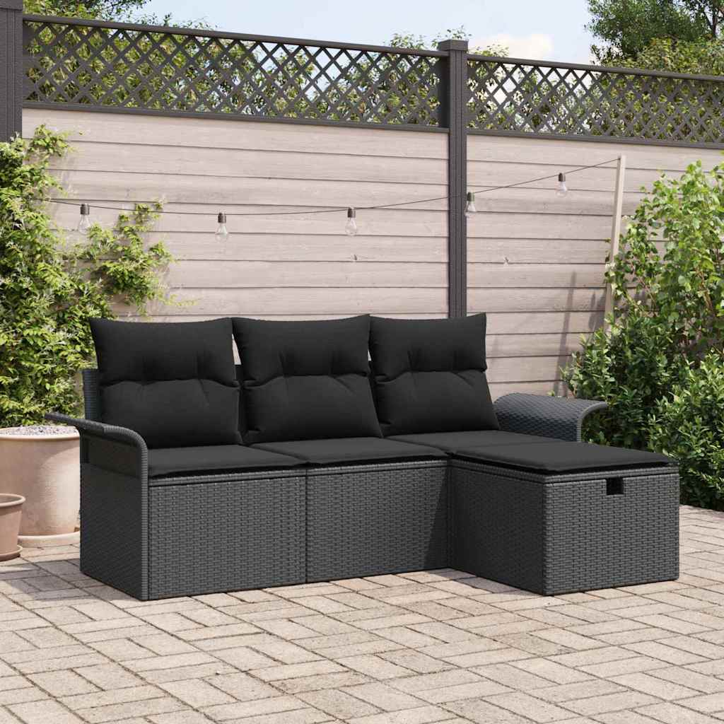 vidaXL Conjunto de sofá de jardín 4 uds. Negro ratán sintético