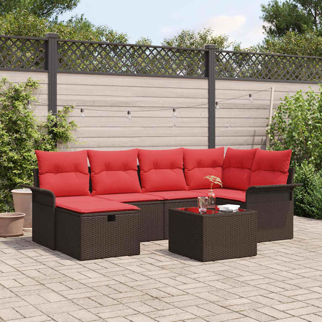 vidaXL Conjunto de sofá de jardín 7 uds. Marrón y Rojo ratán sintético