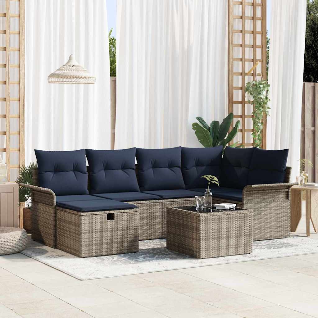vidaXL Conjunto de sofá de jardín 7 uds. Gris y marino ratán sintético