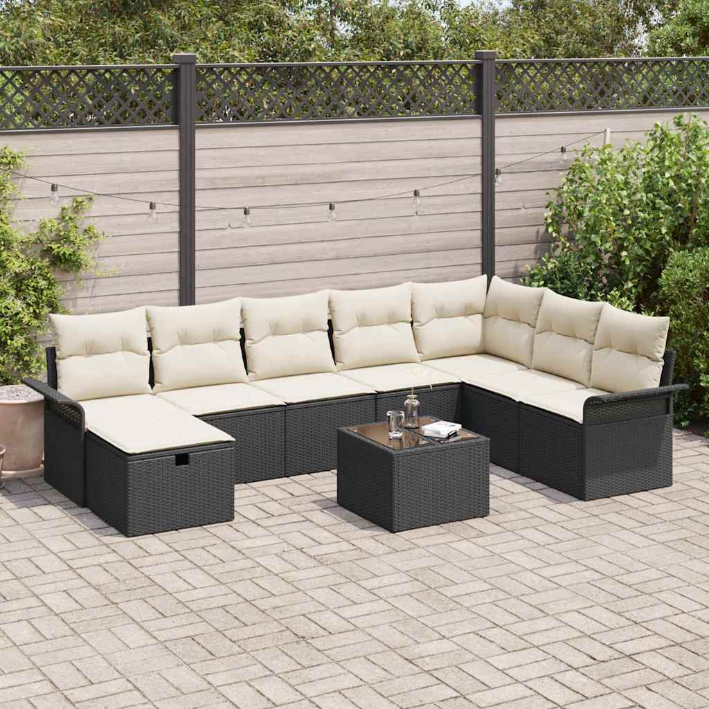 vidaXL Conjunto de sofá de jardín 9 uds. Negro y crema ratán sintético