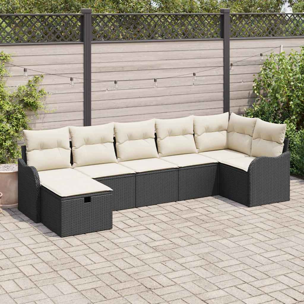 vidaXL Juego de Sofá 7 uds. Negro y crema ratán sintético