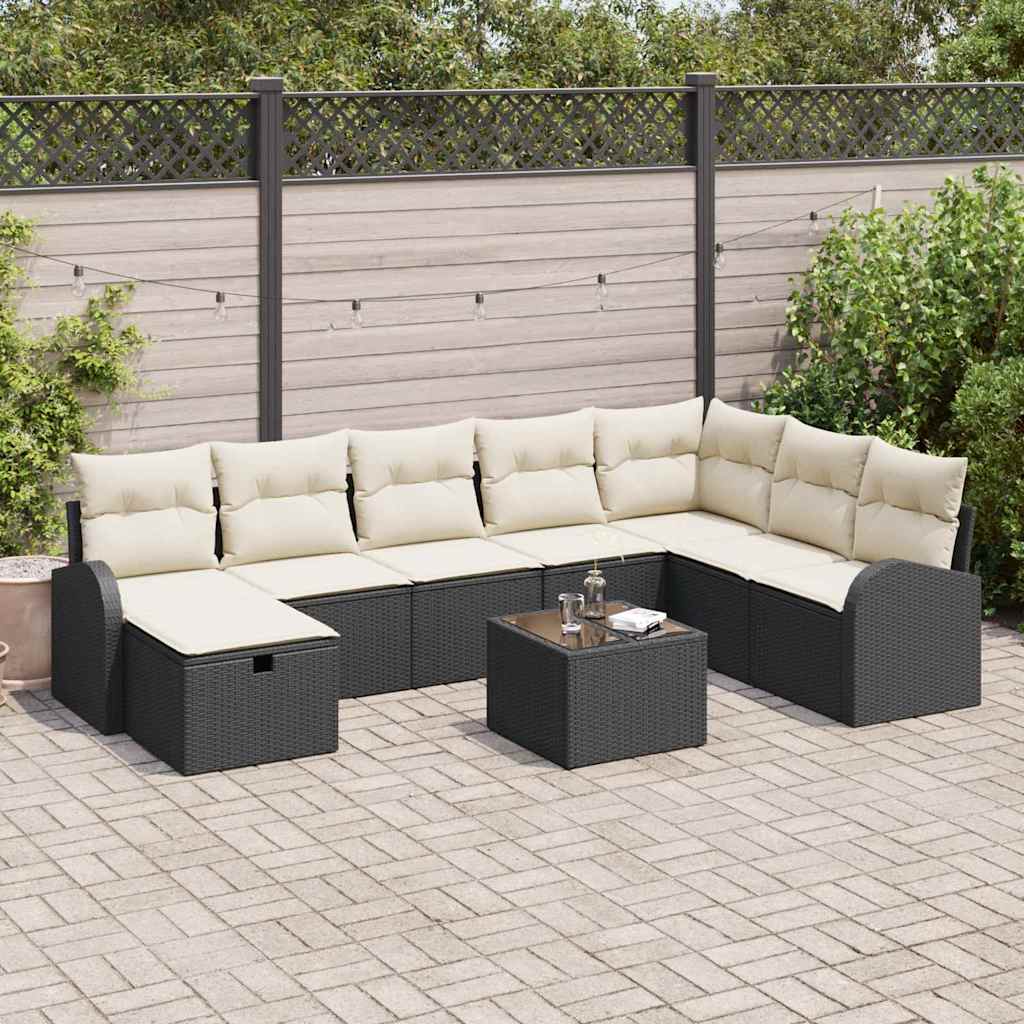 vidaXL Juego de Sofá 9 uds. Negro y crema ratán sintético