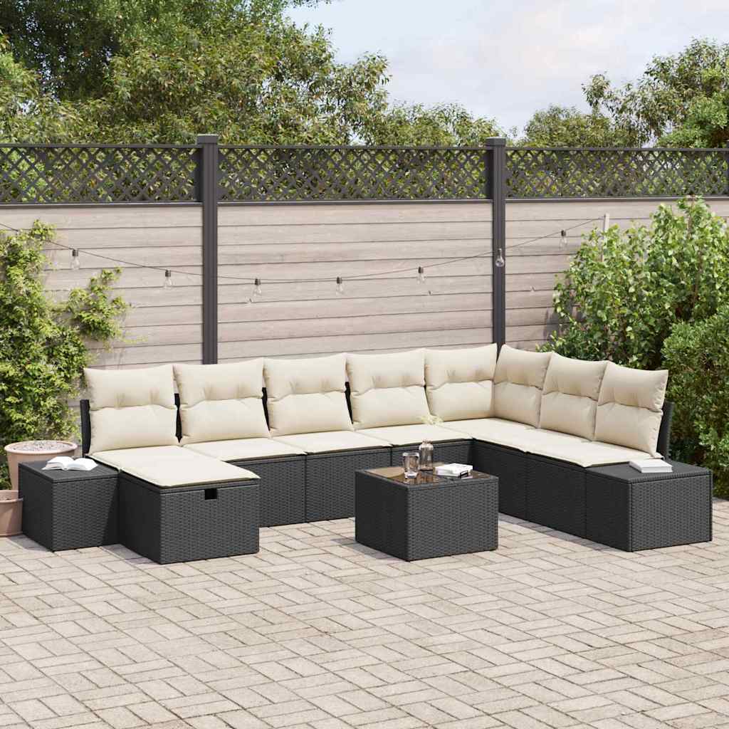 vidaXL Conjunto de sofá de jardín 9 uds. Negro ratán sintético