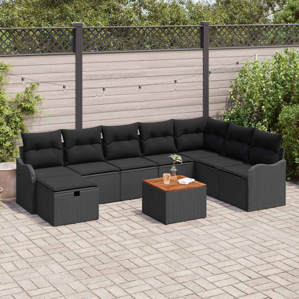 vidaXL Conjunto de sofás de jardín 9 uds. Negro ratán sintético