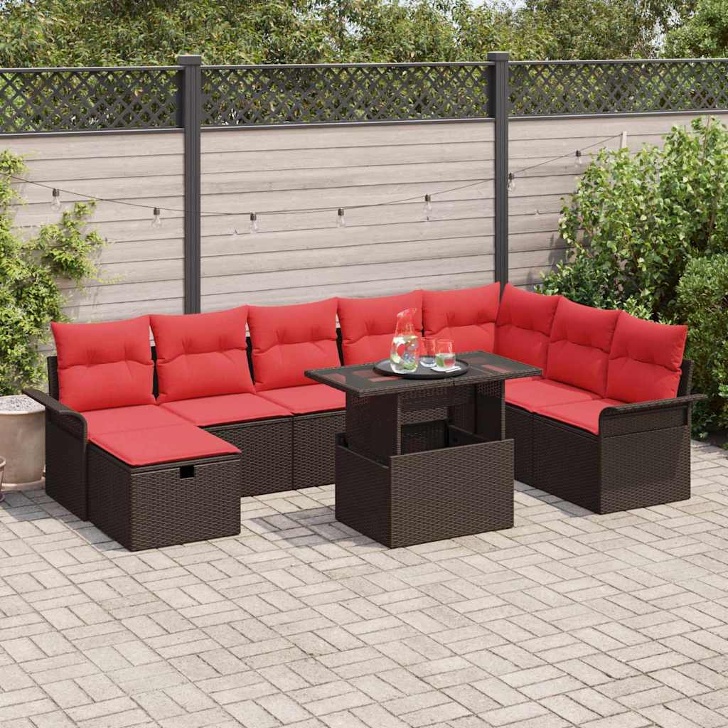 vidaXL Conjunto de sofá de jardín 9 uds. Marrón ratán sintético