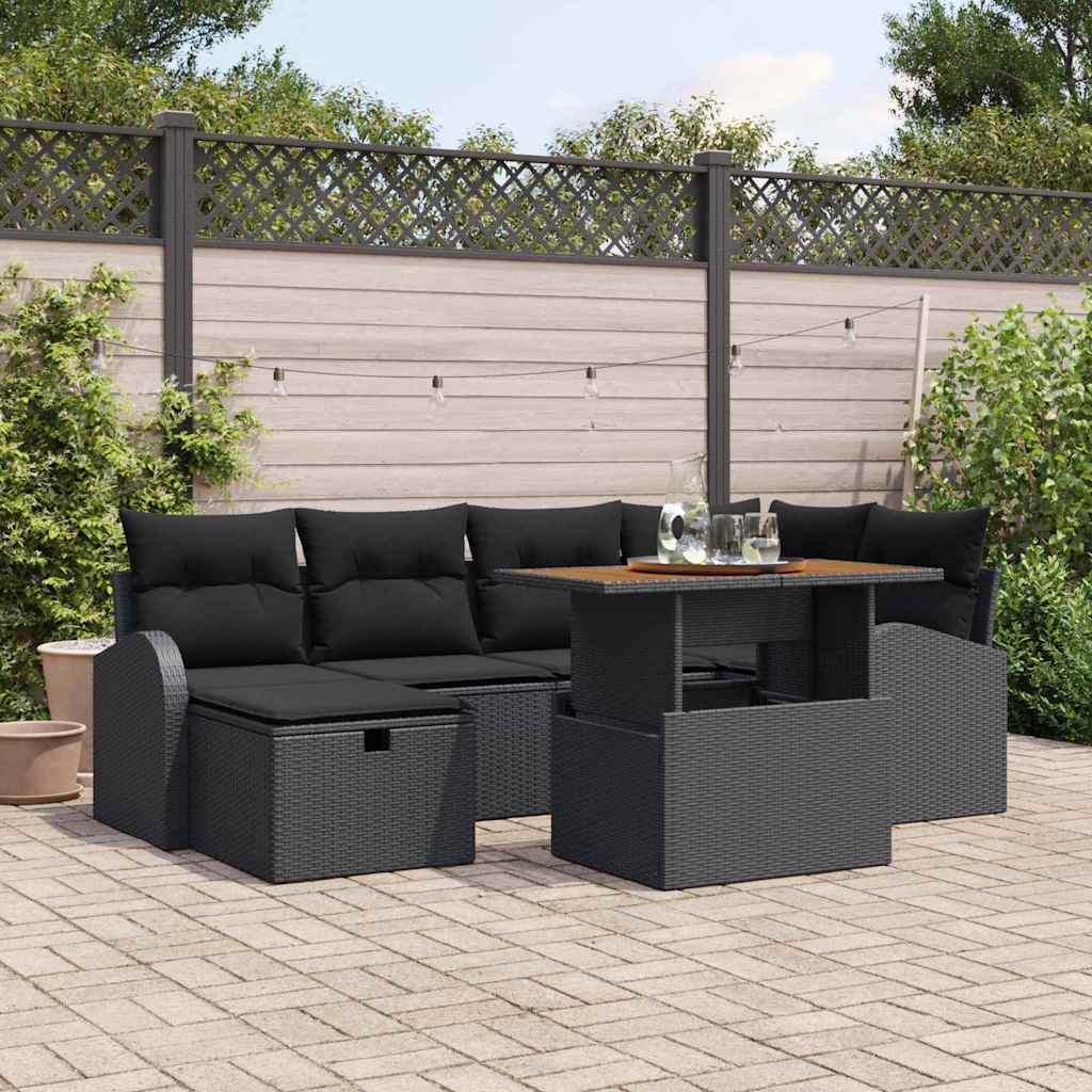 vidaXL Conjunto de sofás de jardín 7 uds. Negro ratán sintético