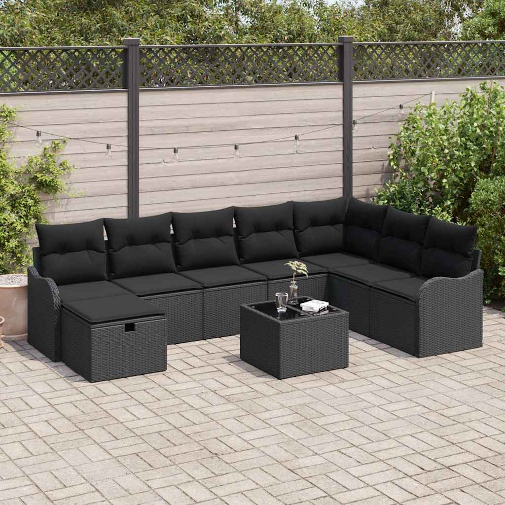 vidaXL Conjunto de sofá de jardín 9 uds. Negro ratán sintético