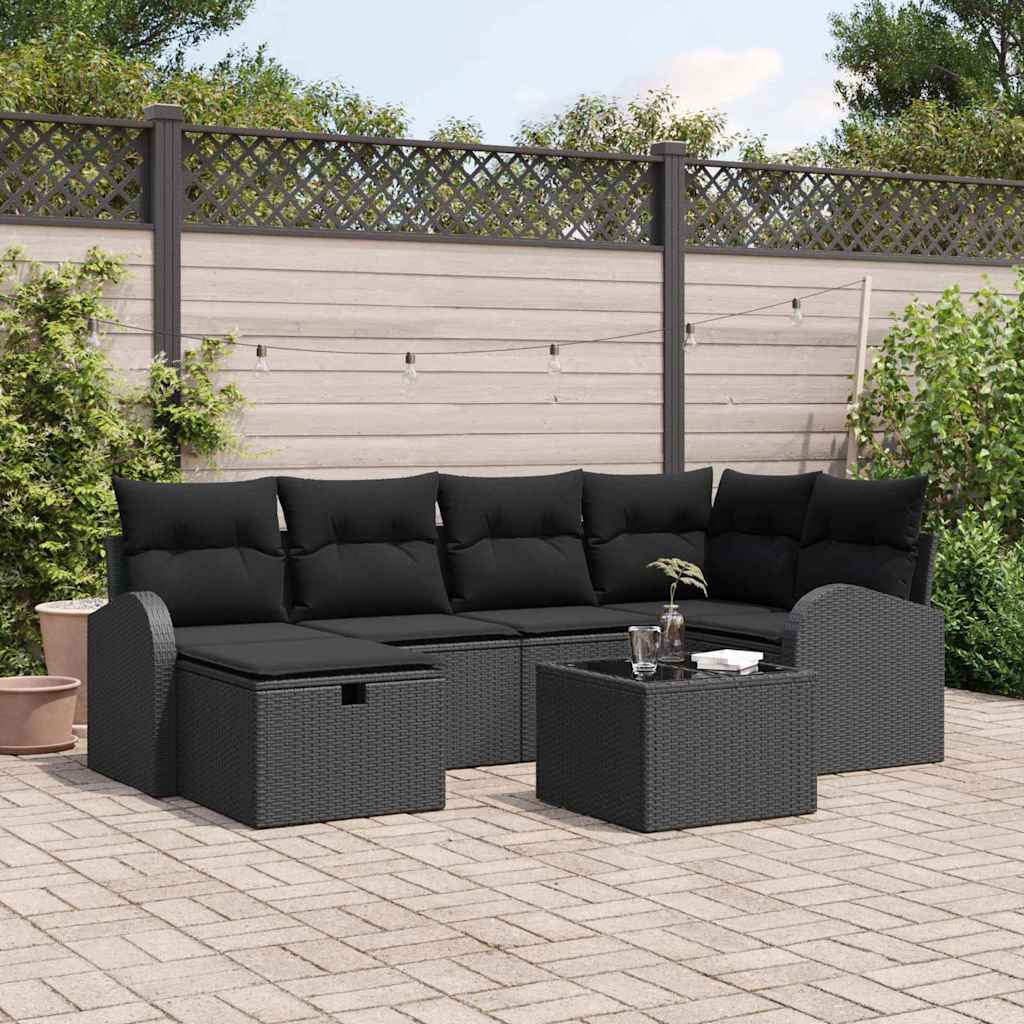 vidaXL Conjunto de sofá de jardín 7 uds. Negro ratán sintético