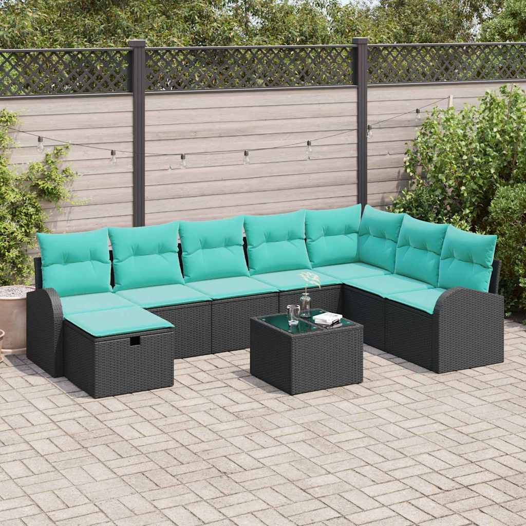 vidaXL Conjunto de sofá de jardín 9 uds. Negro ratán sintético