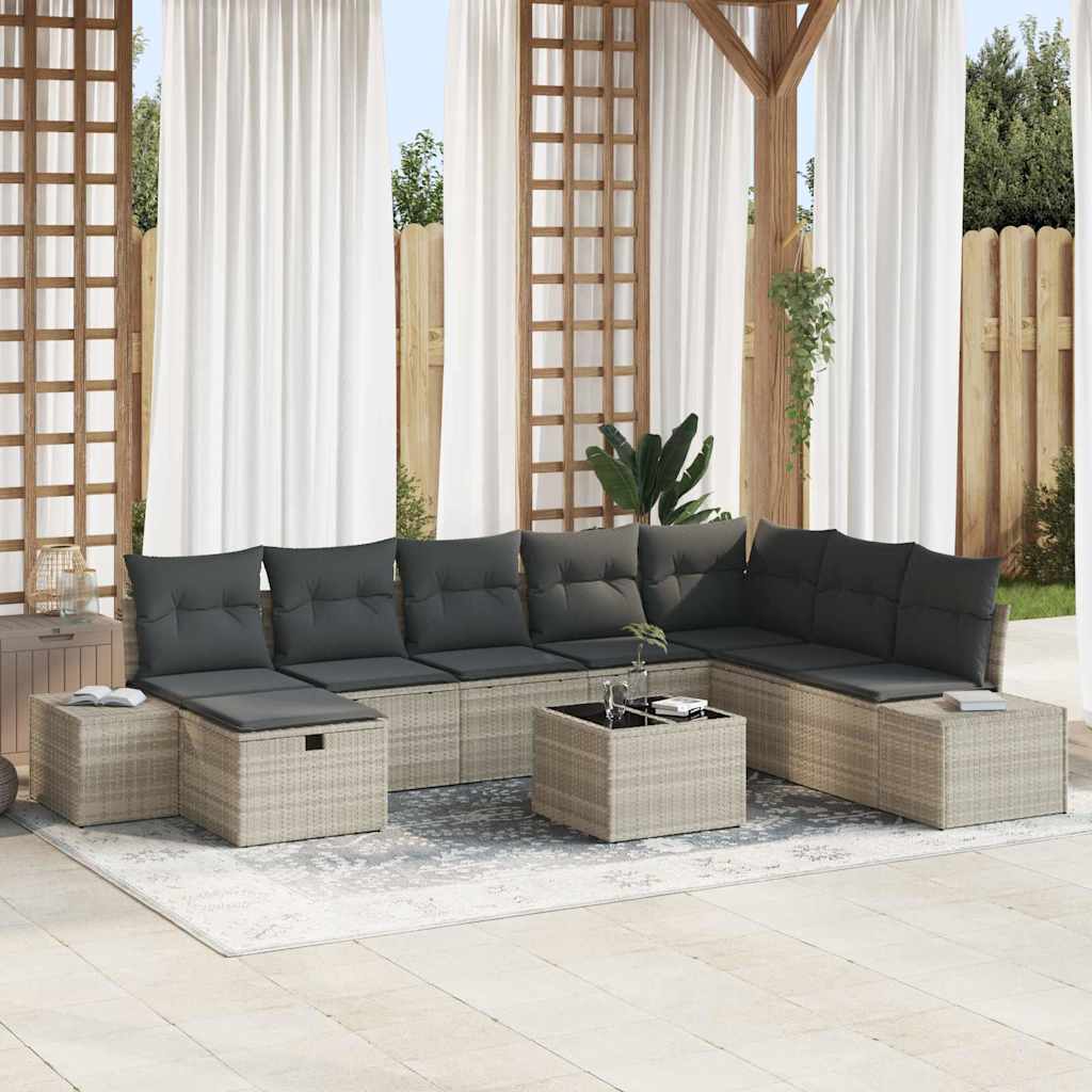 vidaXL Conjunto de sofá de jardín 9 uds. Gris Claro ratán sintético