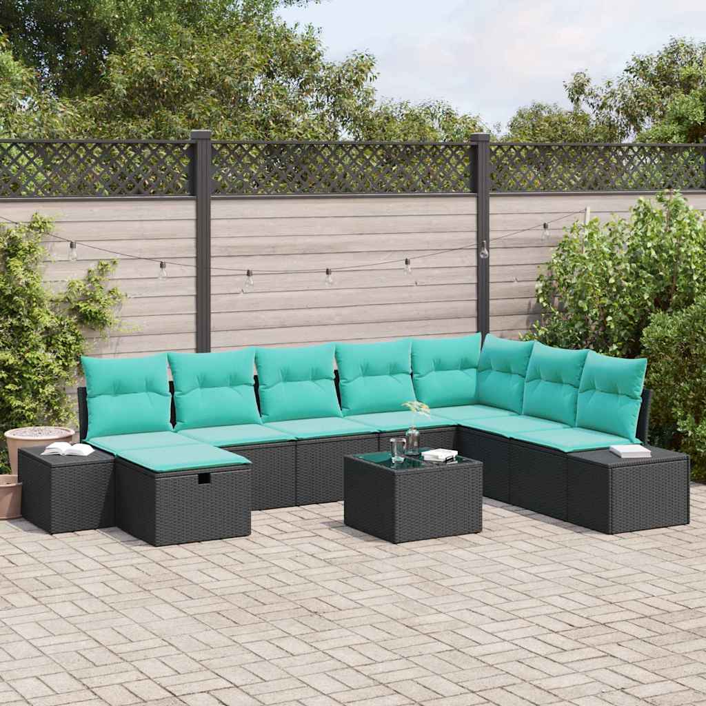 vidaXL Conjunto de sofá de jardín 9 uds. Negro ratán sintético