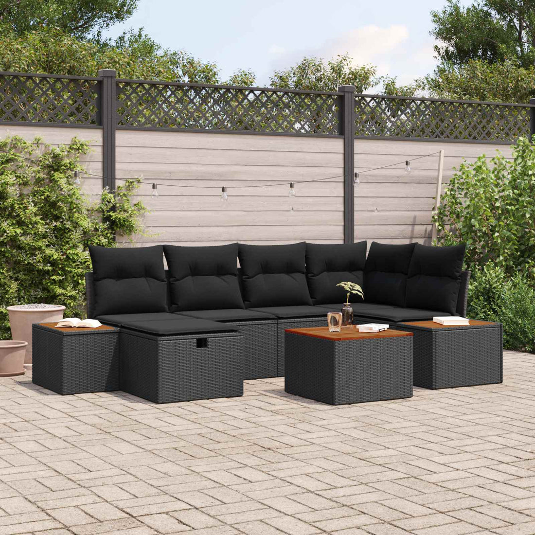 vidaXL Conjunto de sofá de jardín 7 uds. Negro ratán sintético