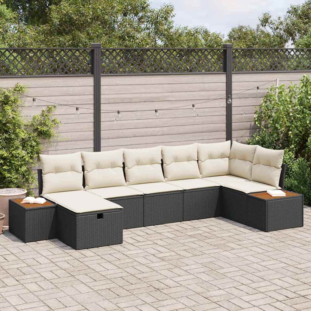 vidaXL Conjunto de sofá de jardín con almohada 7 pcs Negro Poliratán