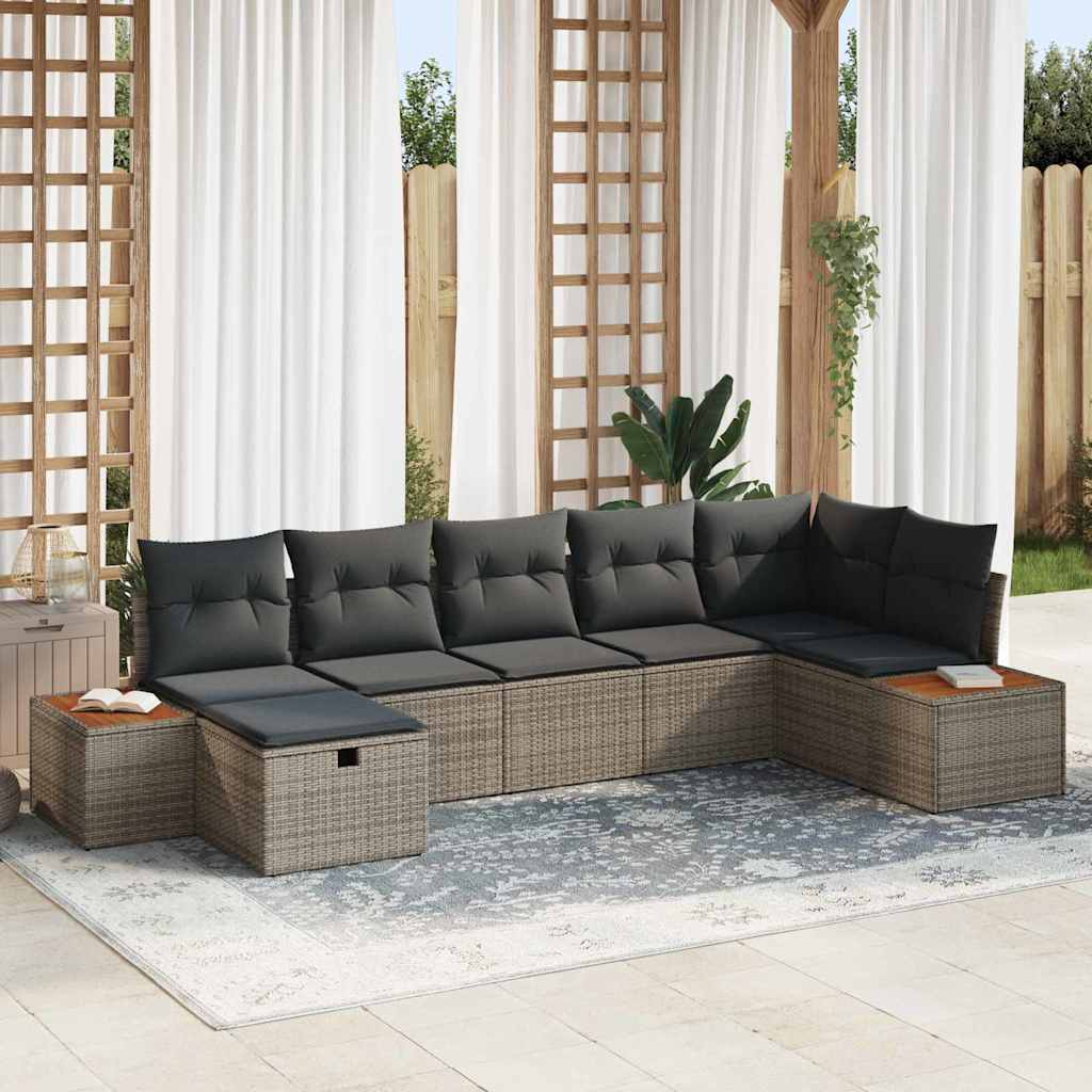 vidaXL Conjunto de sofá de jardín con almohada 7 pcs Gris Poliratán
