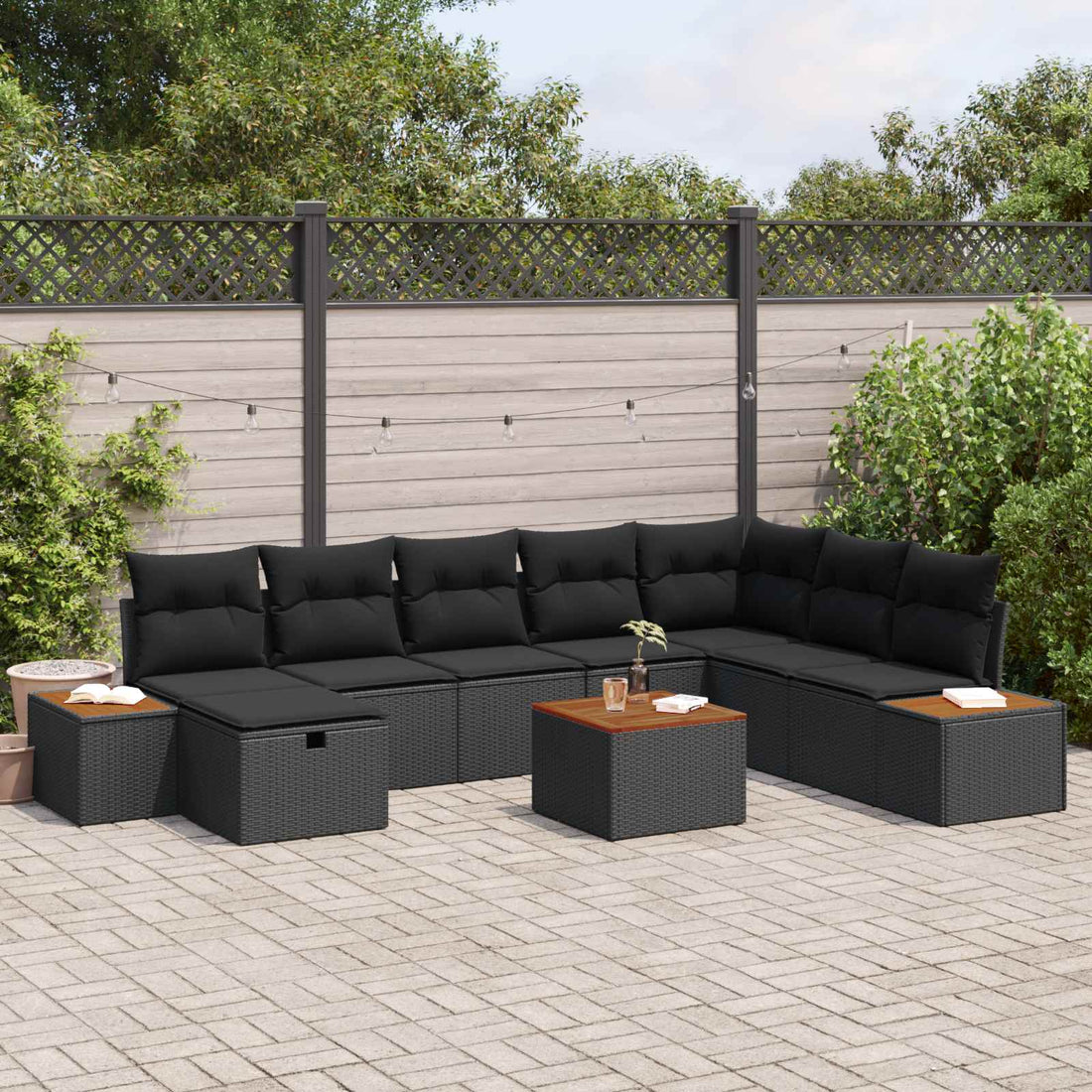 vidaXL Conjunto de sofá de jardín 9 uds. Negro ratán sintético