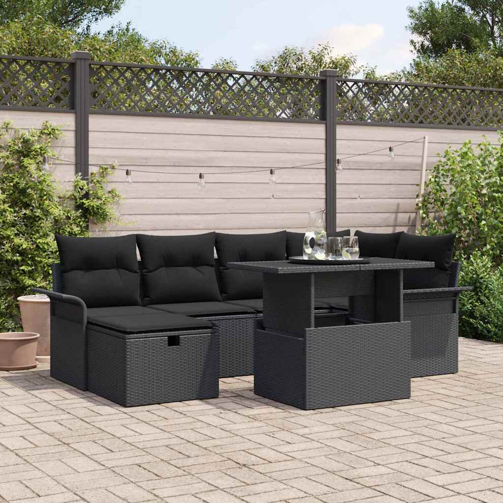 vidaXL Conjunto de sofá de jardín 7 uds. Negro ratán sintético
